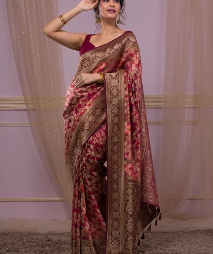 Wine Swarovski Banarasi Silk Saree