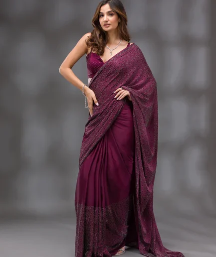 Wine Swarovski Crepe Designer Saree