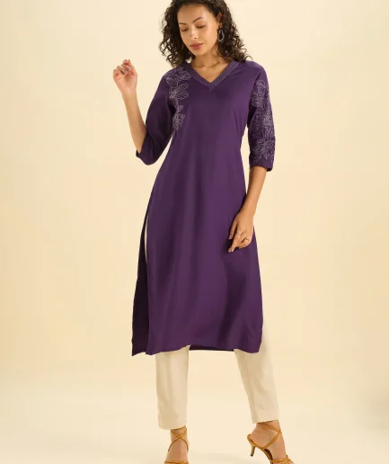 Purple Viscose Blend Slitted Kurti With Embroidery And Sequins
