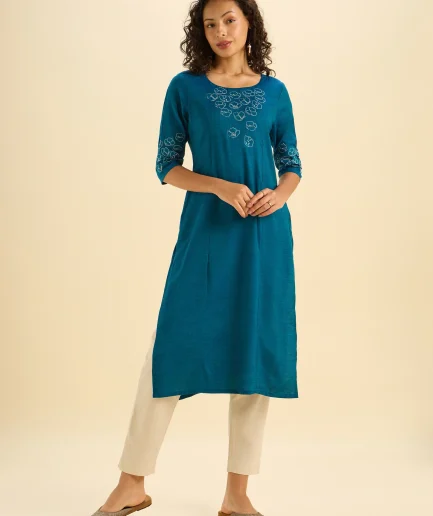 Teal Blue Cotton Viscose Kurti With Embroidery